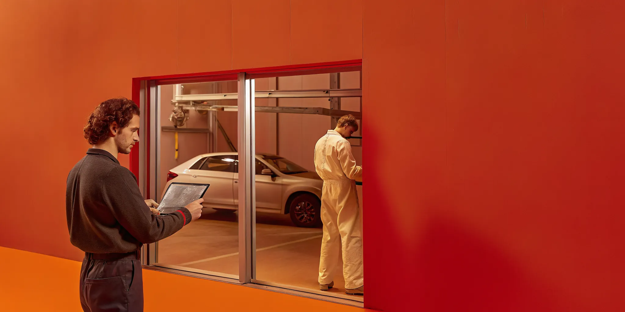 A&A Auto Repair & Body Shop technicians diagnosing a car with a tablet.