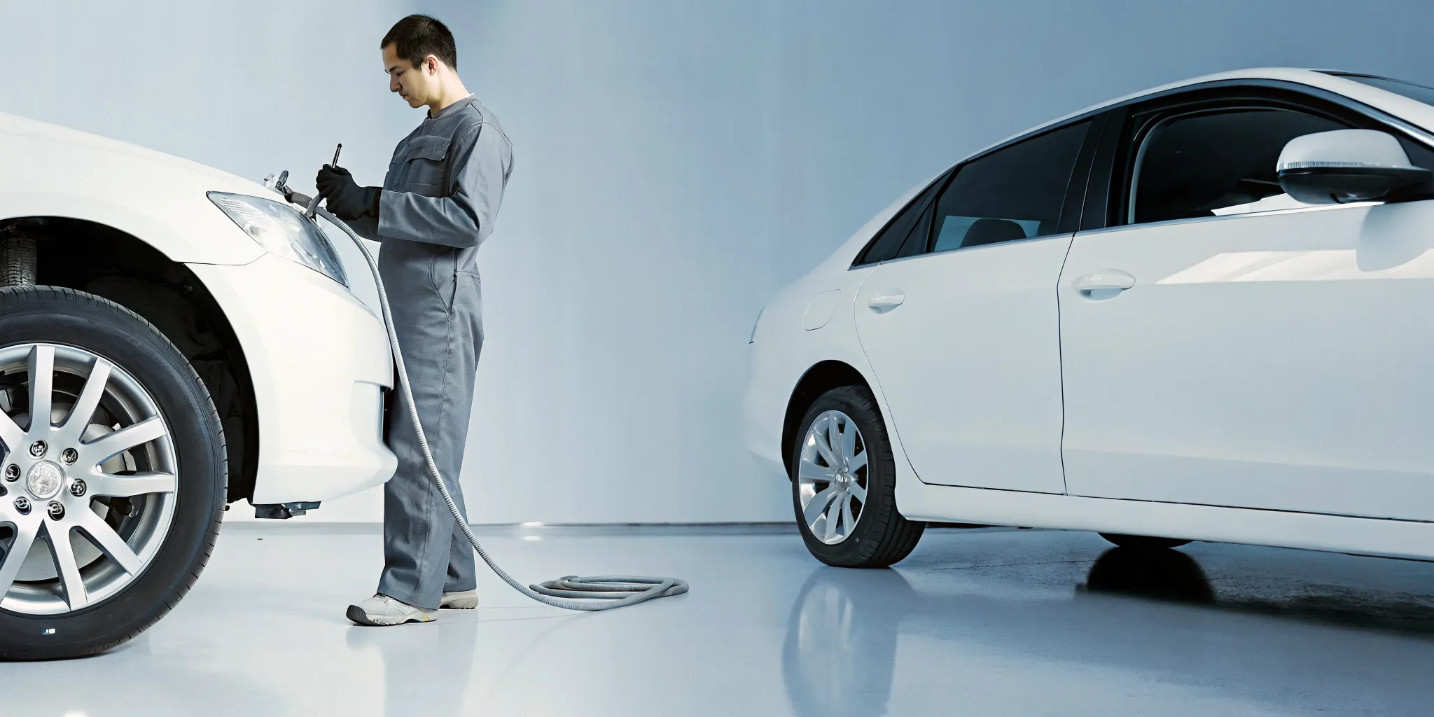 A&B Auto Body & Repair Shop technician repairs a white car using state-of-the-art equipment in a clean shop.