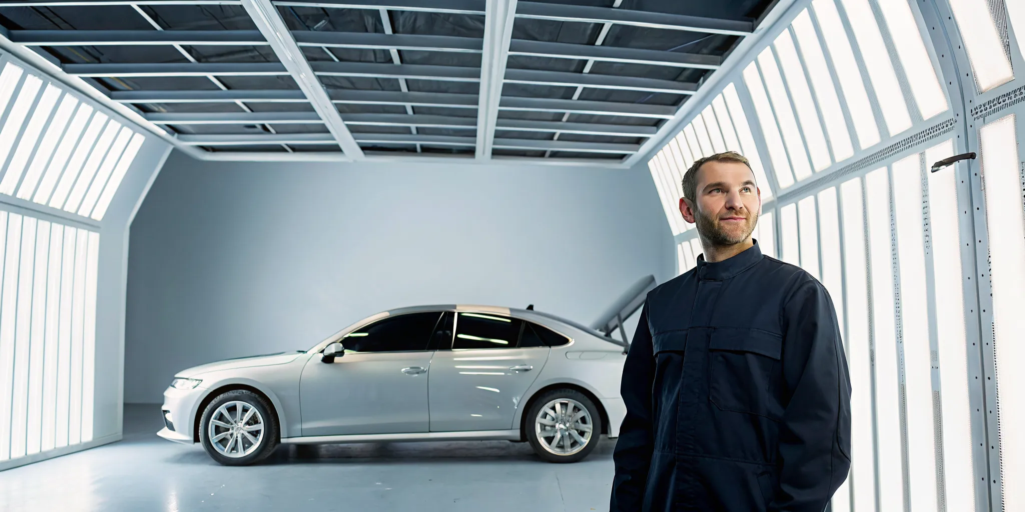 A collision repair tech inspects a car's damage in an auto body shop.