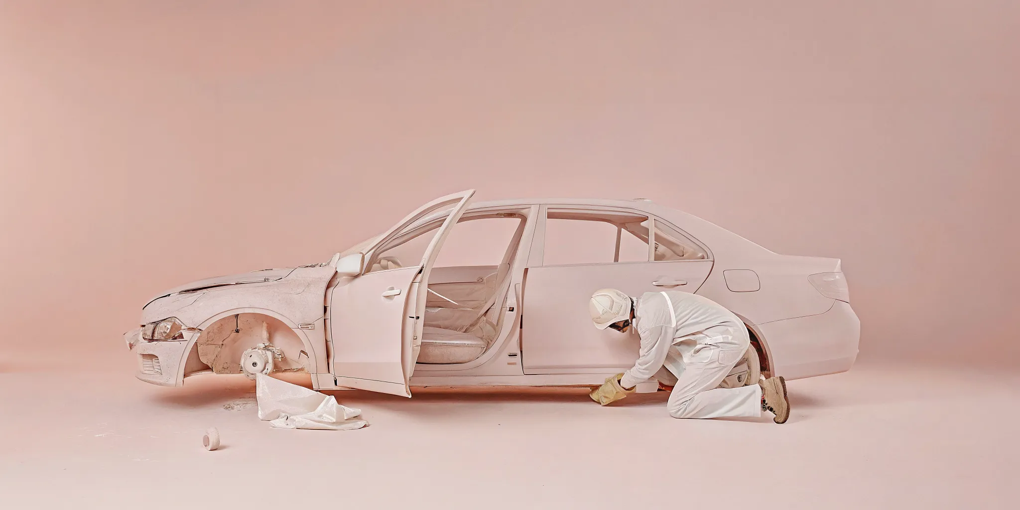 Technician inspecting side impact collision damage