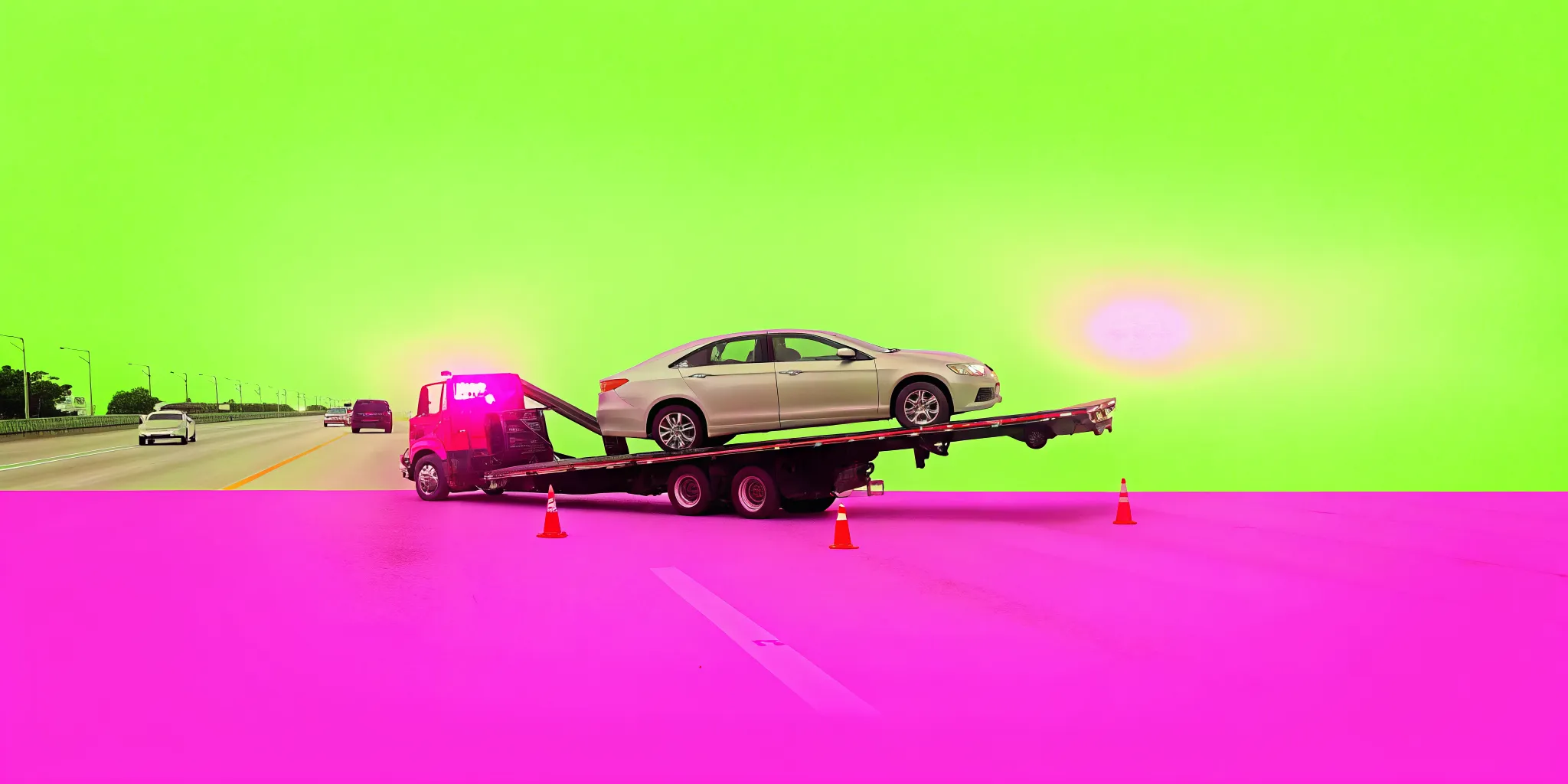 Professional flatbed tow truck lifting a damaged car on an Orlando highway at daytime