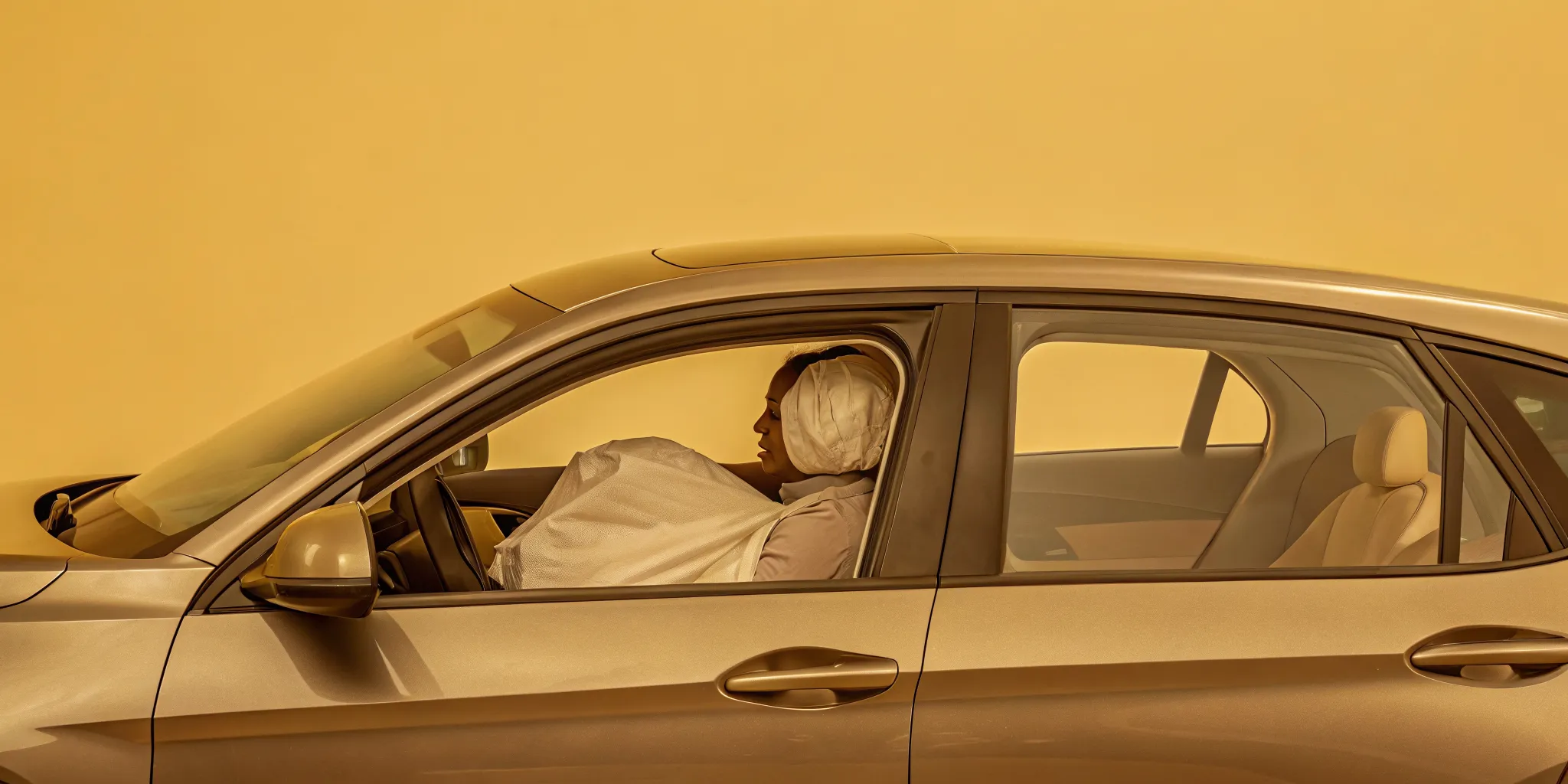 Sedan with a deployed driver airbag awaiting collision inspection