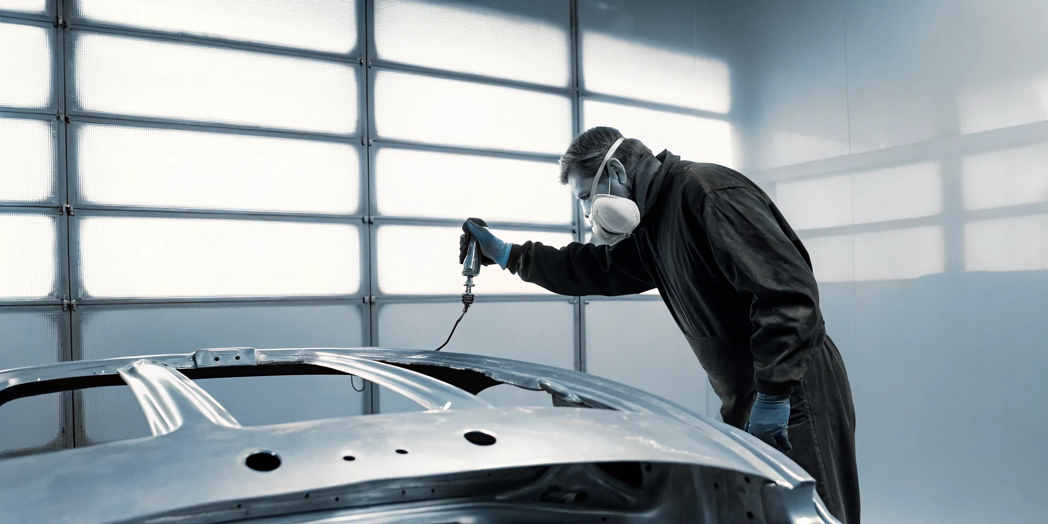 Professional auto body technician performing aluminum panel repair with specialized tools in a cleanroom environment