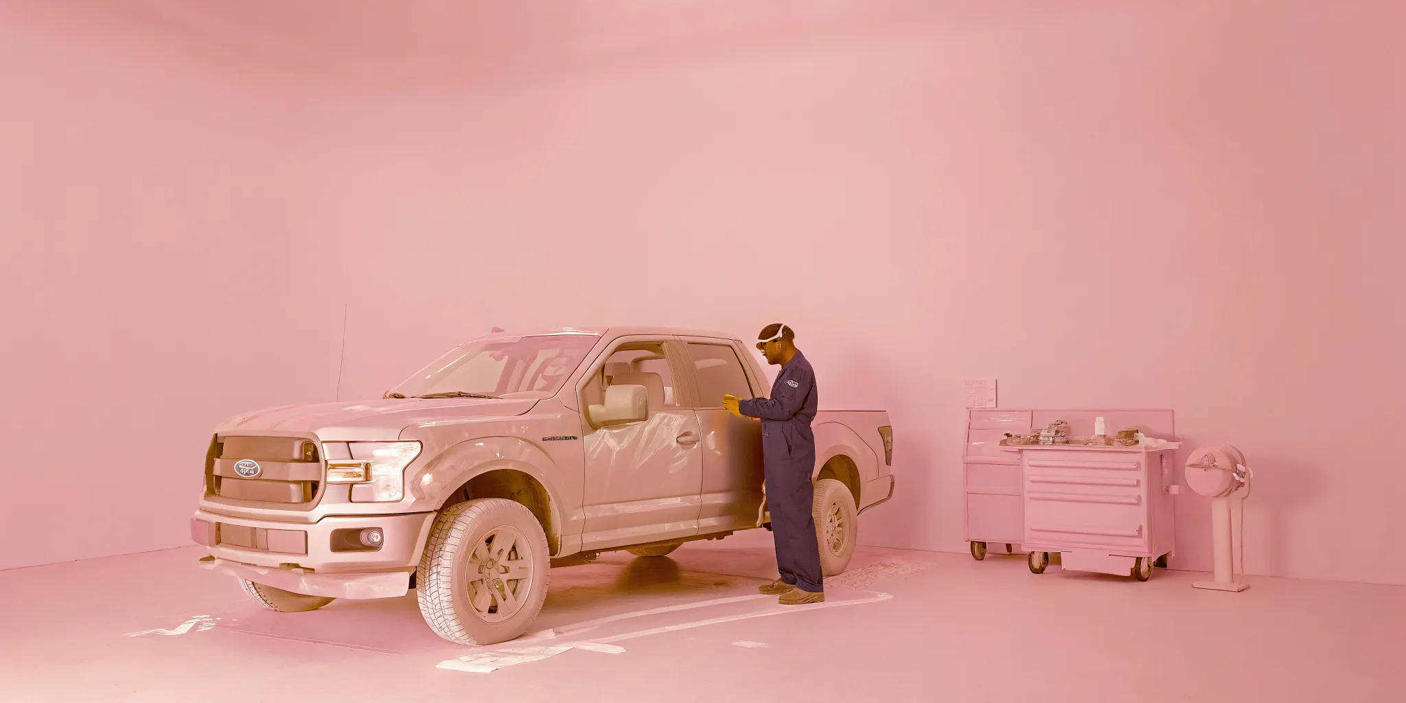 Technician examining a Ford F-150 in a clean Orlando collision repair facility