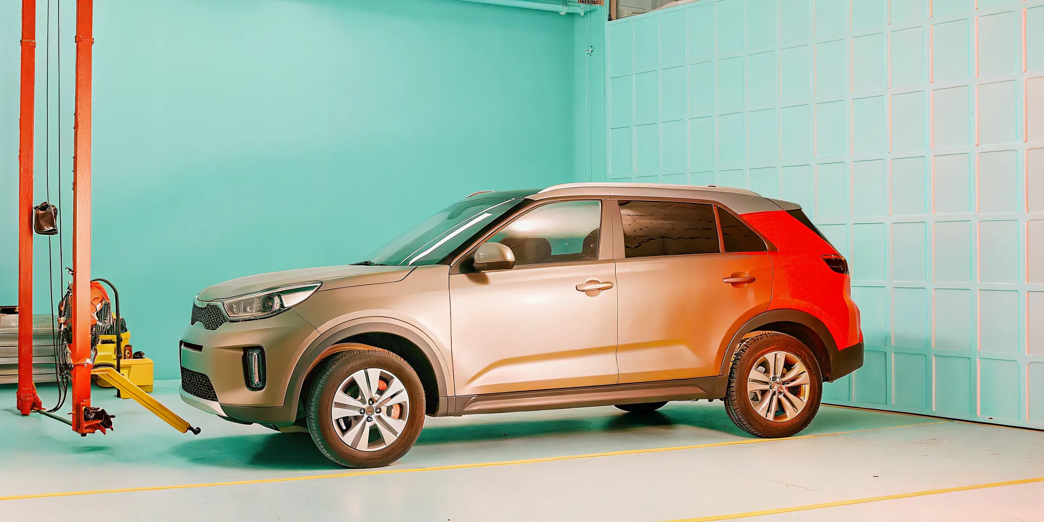 Kia SUV undergoing ADAS calibration in a professional Orlando collision repair workshop
