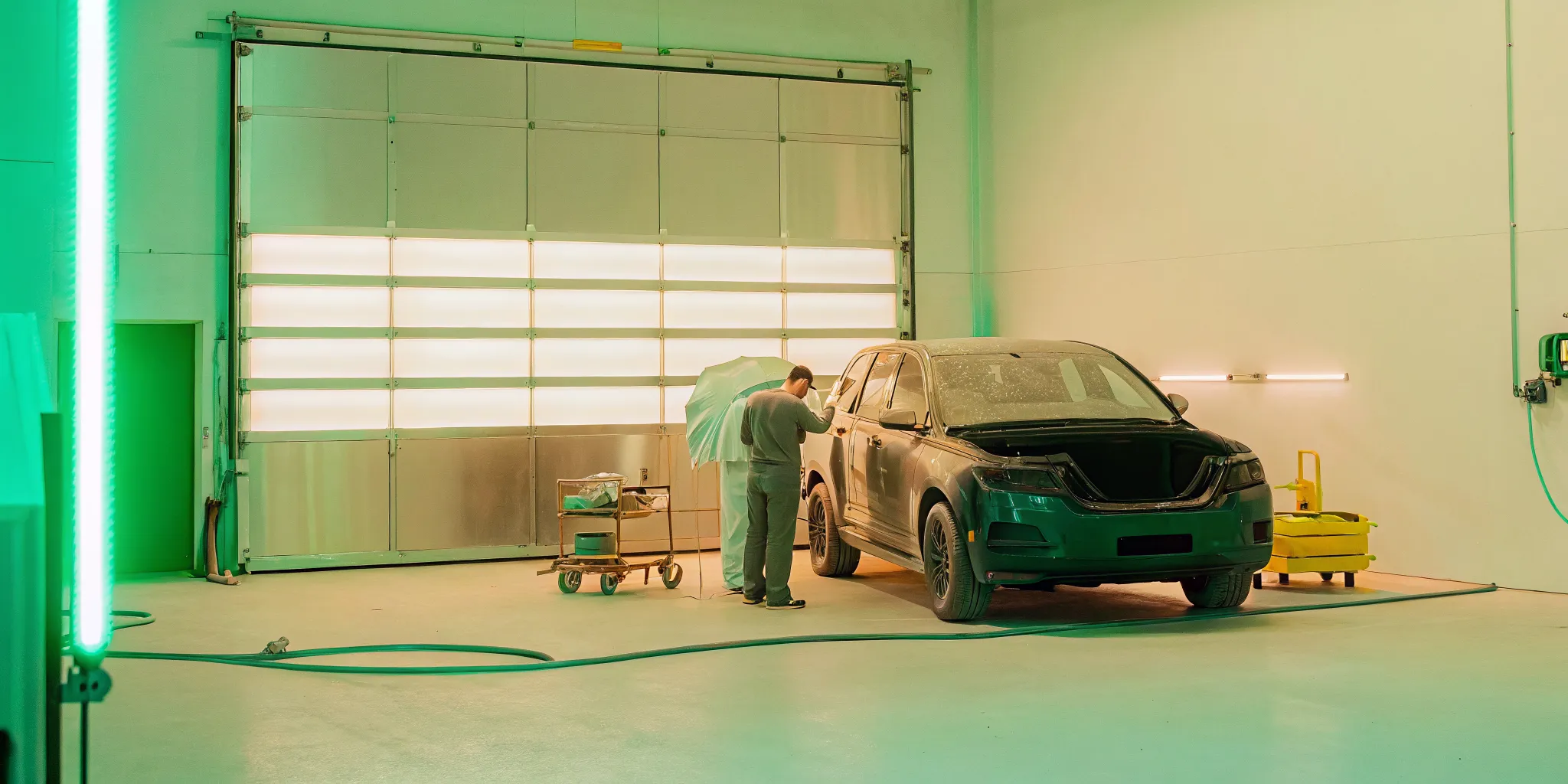 Damaged vehicle being inspected at a professional auto body collision repair shop in Orlando