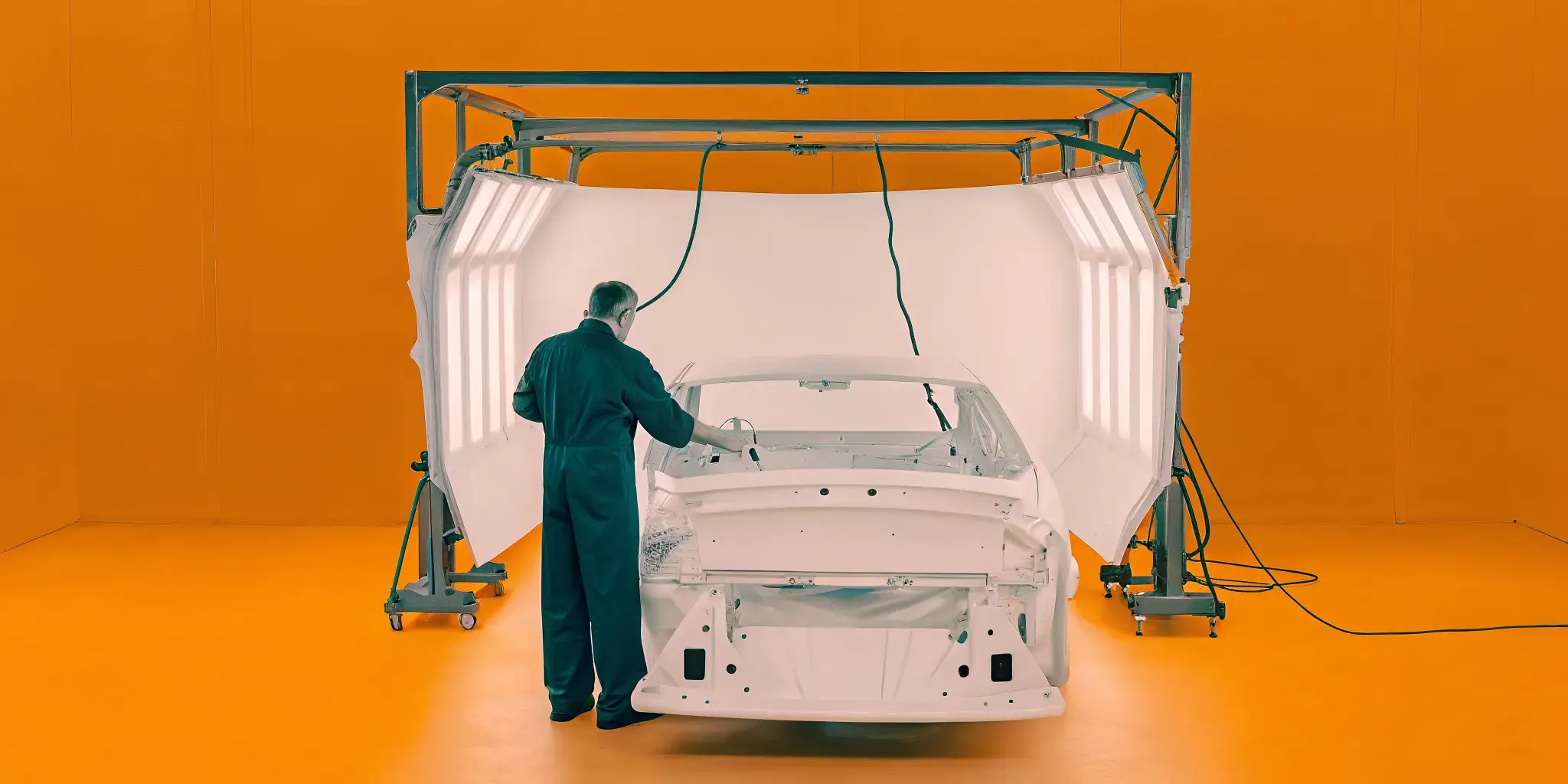 Auto body technician inspecting vehicle with bumper removed for the auto body supplement process in an Orlando repair shop